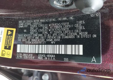 2013 Toyota Highlander Limited V6 из США, поврежденный, VIN 5TDDK3EH5DS187377